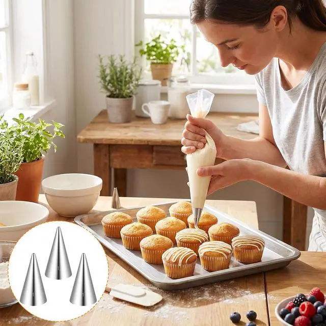 Alt view image 5 of 7 - #1 Piping Tip for Writing, 3 Pieces Cake Piping Tip Seamless Icing Tips Stainless Steel Cupcake Pipings Tips Elegance for Fine Details Frosting Macarons Dessert Cake Decorations