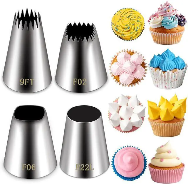 Main image of Suuker 4 Pieces Extra Large Piping Tips Set (F02 F06 9FT R22L) | Stainless Steel, Round Star Square Wide Jumbo, Cake Cupcake Cookie Decorating, Eclair Churro Meringue