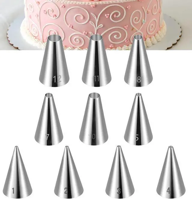 Main image of 10Pcs Wilton Tips, 10 Sizes Round Wilton Piping Tips for Cookies | Stainless Steel, Professional Cake Decorating Tools, for Frosting, Icing & Russian Pastry