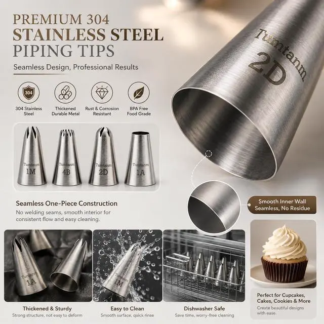 Alt view image 2 of 6 - Professional Large Piping Nozzles, 4pcs Stainless Steel Seamless Icing Piping Nozzle Tip Set for Cakes, Cupcakes and Baking