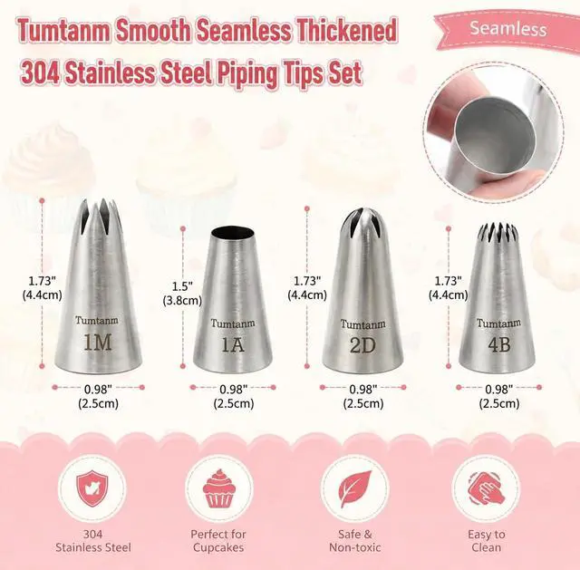 Alt view image 4 of 6 - Professional Large Piping Nozzles, 4pcs Stainless Steel Seamless Icing Piping Nozzle Tip Set for Cakes, Cupcakes and Baking