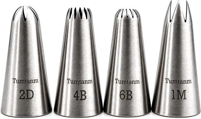 Main image of #1M #2D #4B #6B Large Piping Nozzles, 4 pcs Stainless Steel Seamless Icing Piping Tips Set for Cupcakes and Baking