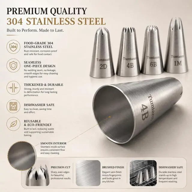 Alt view image 2 of 7 - #1M #2D #4B #6B Large Piping Nozzles, 4 pcs Stainless Steel Seamless Icing Piping Tips Set for Cupcakes and Baking
