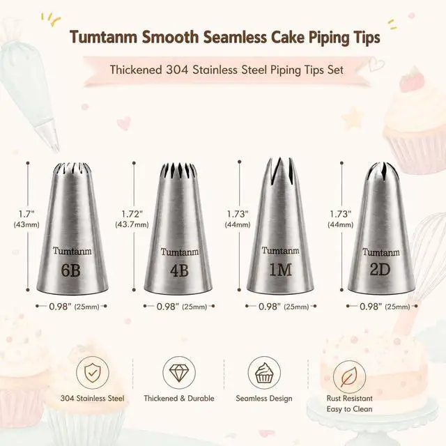 Alt view image 3 of 7 - #1M #2D #4B #6B Large Piping Nozzles, 4 pcs Stainless Steel Seamless Icing Piping Tips Set for Cupcakes and Baking
