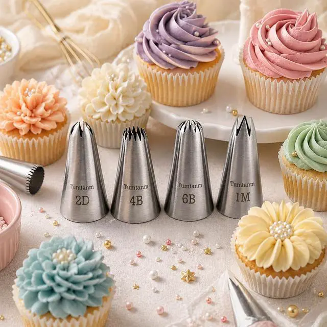 Alt view image 4 of 7 - #1M #2D #4B #6B Large Piping Nozzles, 4 pcs Stainless Steel Seamless Icing Piping Tips Set for Cupcakes and Baking