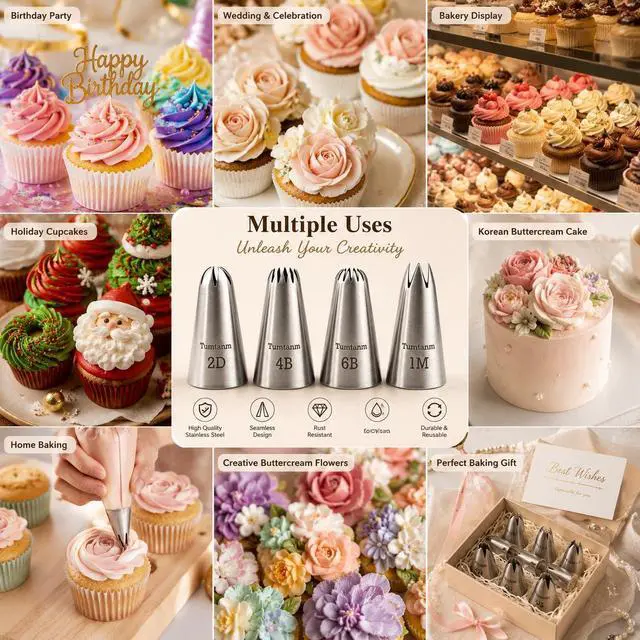 Alt view image 5 of 7 - #1M #2D #4B #6B Large Piping Nozzles, 4 pcs Stainless Steel Seamless Icing Piping Tips Set for Cupcakes and Baking