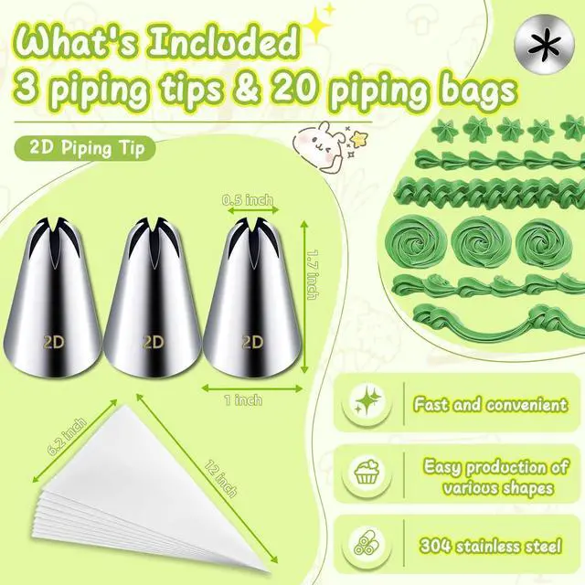 Alt view image 6 of 6 - Hendiy 3pcs 2D Cake Piping Tips with 20 Piping Bags | Large Piping Nozzles, Cookie Icing, Cupcakes, Buttercream, DIY Art