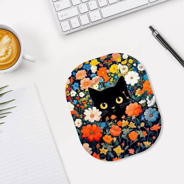 Alt view image 6 of 7 - Small Mouse Pad, 6 x 7 Inch, Oval Mini Mouse Pad with Non-Slip Rubber Base for Laptop Wireless Mouse Keyboard Tray Mousepad, Cute Black Cat