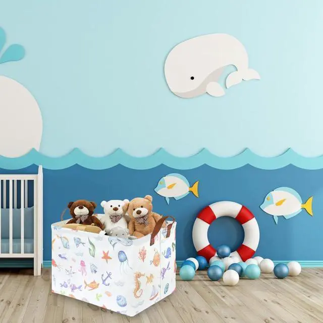 Alt view image 2 of 7 - Rectangle Fish Basket,Ocean Animals Waterproof Kids foldable Laundry Basket,Nursery Hamper,Boys and Girls Hamper,kids Room decor, kids toy organizer,Gift basket(Ocean Animals)