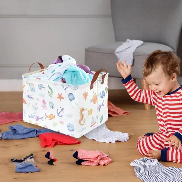 Alt view image 4 of 7 - Rectangle Fish Basket,Ocean Animals Waterproof Kids foldable Laundry Basket,Nursery Hamper,Boys and Girls Hamper,kids Room decor, kids toy organizer,Gift basket(Ocean Animals)