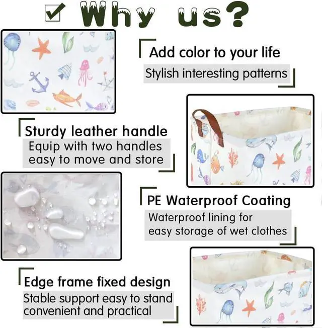 Alt view image 6 of 7 - Rectangle Fish Basket,Ocean Animals Waterproof Kids foldable Laundry Basket,Nursery Hamper,Boys and Girls Hamper,kids Room decor, kids toy organizer,Gift basket(Ocean Animals)