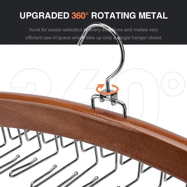 Alt view image 2 of 7 - Tie Rack Tie Hanger 24 Hooks Wooden, Tank Top Hanger,Belt Organizer for Closet,with Upgraded 360°Rotating, Belts Scarves Accessories for Bras,Tank Tops,Camisoles