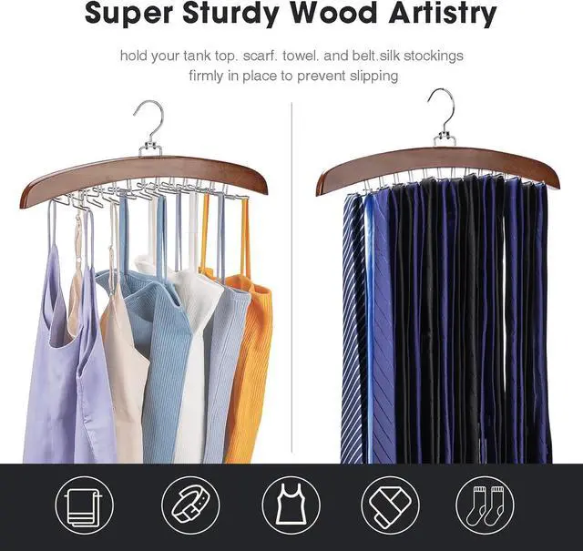 Alt view image 5 of 7 - Tie Rack Tie Hanger 24 Hooks Wooden, Tank Top Hanger,Belt Organizer for Closet,with Upgraded 360°Rotating, Belts Scarves Accessories for Bras,Tank Tops,Camisoles