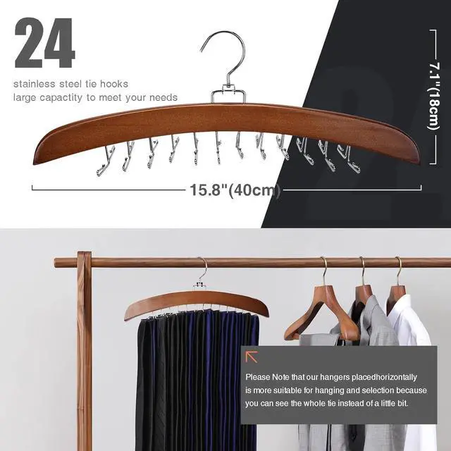Alt view image 7 of 7 - Tie Rack Tie Hanger 24 Hooks Wooden, Tank Top Hanger,Belt Organizer for Closet,with Upgraded 360°Rotating, Belts Scarves Accessories for Bras,Tank Tops,Camisoles