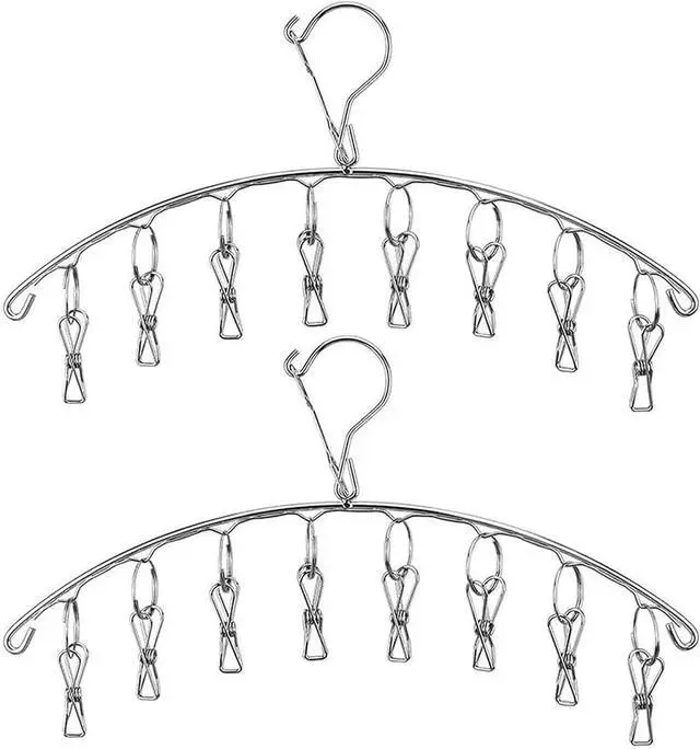 Main image of Stainless Steel Laundry Drying Rack Clothes Hanger with Windproof Hook,Underwear Hanger,Clothes Hangers with 8 Clips for Drying Socks,Diapers,Baby Clothes(2 Pack)