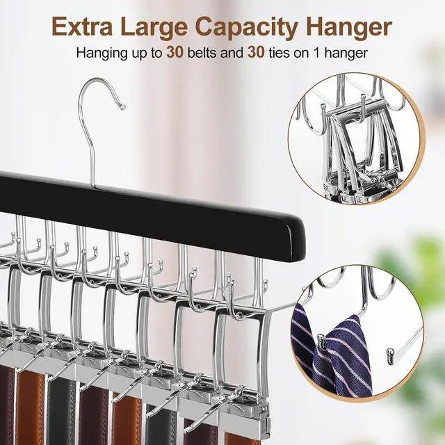 Alt view image 4 of 7 - TOPIA HANGER 20 Hooks 2 in 1 Belt Tie Hanger for Closet Max 30 Belts with 30 Ties Capacity, Belt Tie Racks Wooden Hanger for Closet Organizer Storage U Fit for Belt and Fit for Tie - CT47B