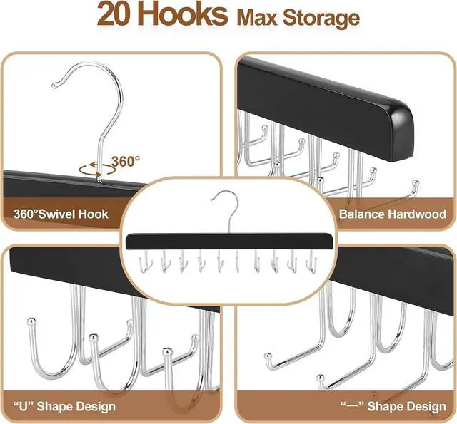 Alt view image 7 of 7 - TOPIA HANGER 20 Hooks 2 in 1 Belt Tie Hanger for Closet Max 30 Belts with 30 Ties Capacity, Belt Tie Racks Wooden Hanger for Closet Organizer Storage U Fit for Belt and Fit for Tie - CT47B