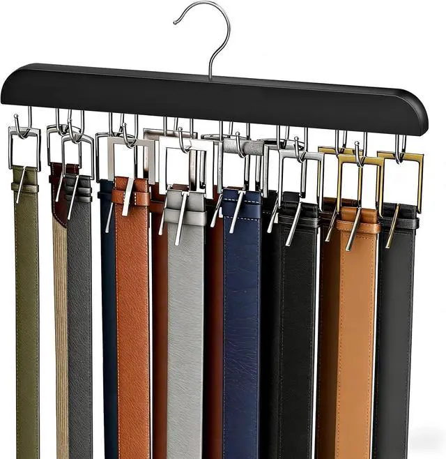 Main image of Belt Hanger for Closet Max 42 Belts, Belt Organizer Closet Accessories | Sturdy Wood Belt Holder with 14 Rustproof Metal Hooks, Space Saving Belt Rack for Closet Organizers and Storage - Black