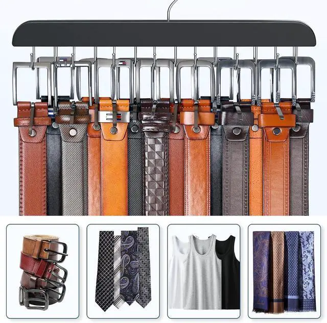 Alt view image 2 of 7 - Belt Hanger for Closet Max 42 Belts, Belt Organizer Closet Accessories | Sturdy Wood Belt Holder with 14 Rustproof Metal Hooks, Space Saving Belt Rack for Closet Organizers and Storage - Black