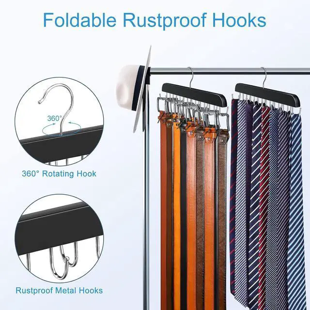 Alt view image 4 of 7 - Belt Hanger for Closet Max 42 Belts, Belt Organizer Closet Accessories | Sturdy Wood Belt Holder with 14 Rustproof Metal Hooks, Space Saving Belt Rack for Closet Organizers and Storage - Black
