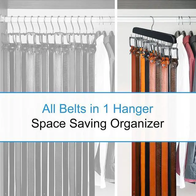 Alt view image 6 of 7 - Belt Hanger for Closet Max 42 Belts, Belt Organizer Closet Accessories | Sturdy Wood Belt Holder with 14 Rustproof Metal Hooks, Space Saving Belt Rack for Closet Organizers and Storage - Black