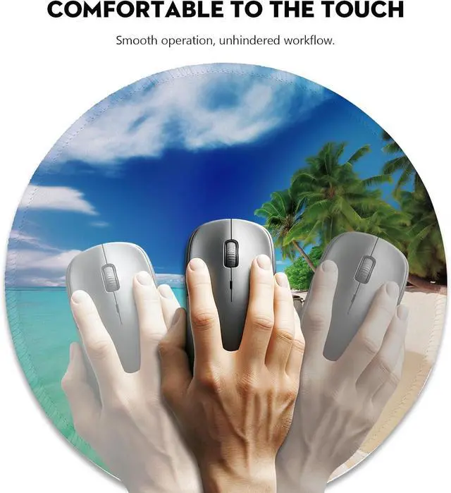 Alt view image 3 of 7 - Tropical Paradise Beach Mouse Pad - Relaxing Seaside Scenery, Round Stitched Edges Non-Slip Rubber Base Mouse Pads for Computers Laptop
