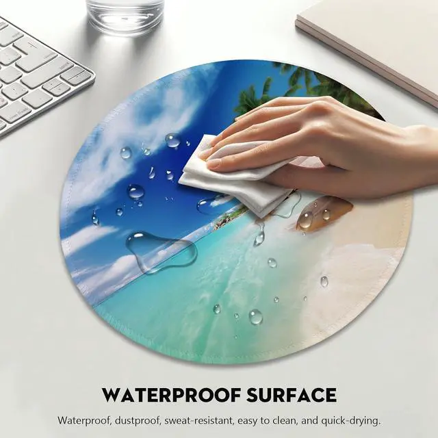 Alt view image 4 of 7 - Tropical Paradise Beach Mouse Pad - Relaxing Seaside Scenery, Round Stitched Edges Non-Slip Rubber Base Mouse Pads for Computers Laptop