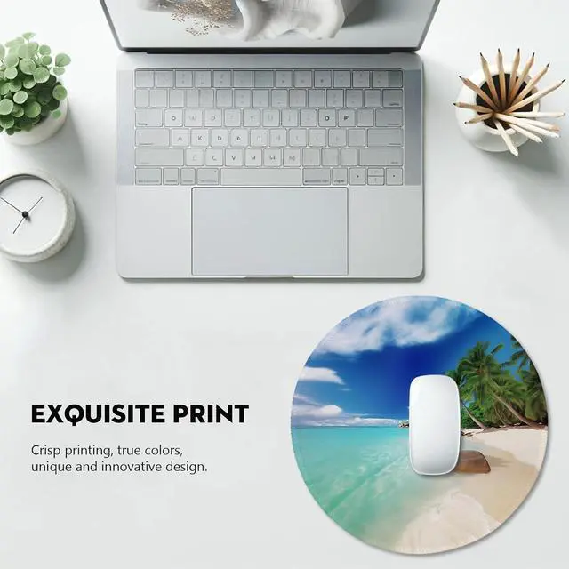 Alt view image 6 of 7 - Tropical Paradise Beach Mouse Pad - Relaxing Seaside Scenery, Round Stitched Edges Non-Slip Rubber Base Mouse Pads for Computers Laptop