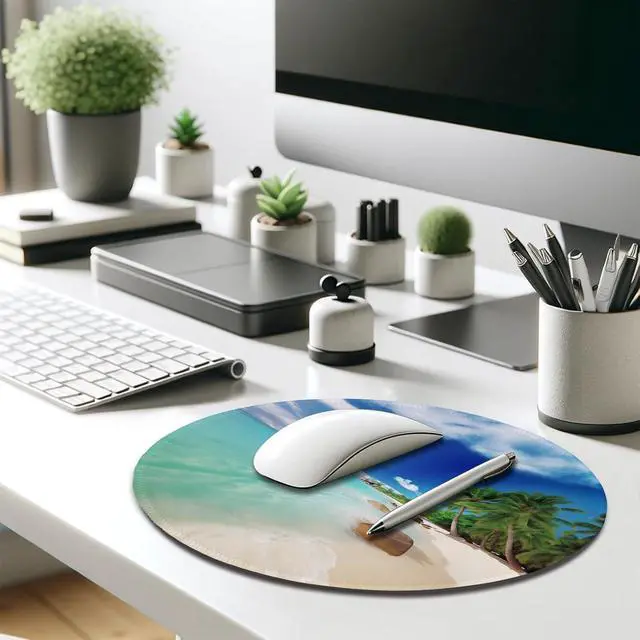 Alt view image 7 of 7 - Tropical Paradise Beach Mouse Pad - Relaxing Seaside Scenery, Round Stitched Edges Non-Slip Rubber Base Mouse Pads for Computers Laptop