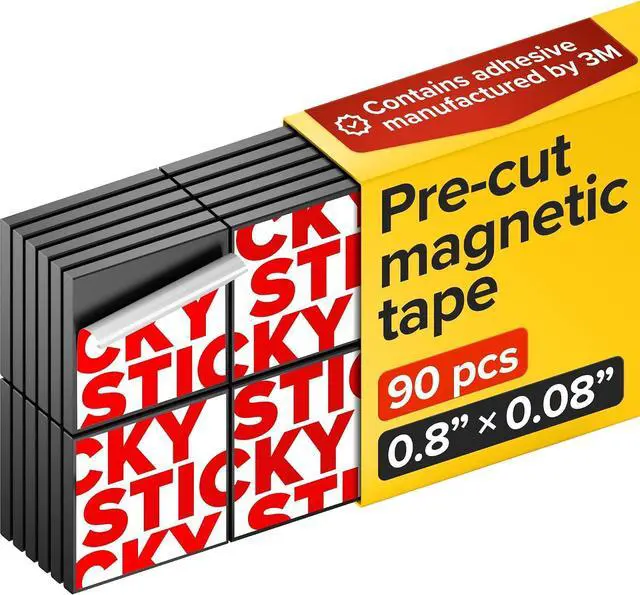 Main image of Pre-Cut Adhesive Magnetic Tape Squares, 0.8"x0.08" (20x2mm), 90 pcs | Sticky, Strong, Flexible, Easy to Use, No Cutting Needed, Great for Whiteboard, Fridge, Crafts & School, Teacher Supplies