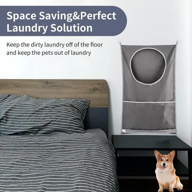 Alt view image 3 of 5 - Hanging Laundry Hamper, Over The Door Laundry Bag, Gray | Laundry Hamper with Zipper Pockets, Foldable, Lightweight, For Rv Camper Apartment College Dorm Room Small Space Organizer