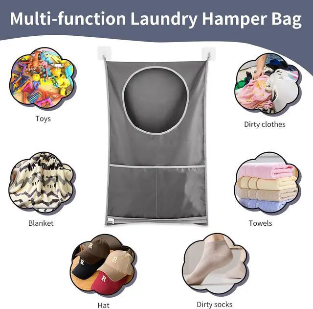 Alt view image 4 of 5 - Hanging Laundry Hamper, Over The Door Laundry Bag, Gray | Laundry Hamper with Zipper Pockets, Foldable, Lightweight, For Rv Camper Apartment College Dorm Room Small Space Organizer