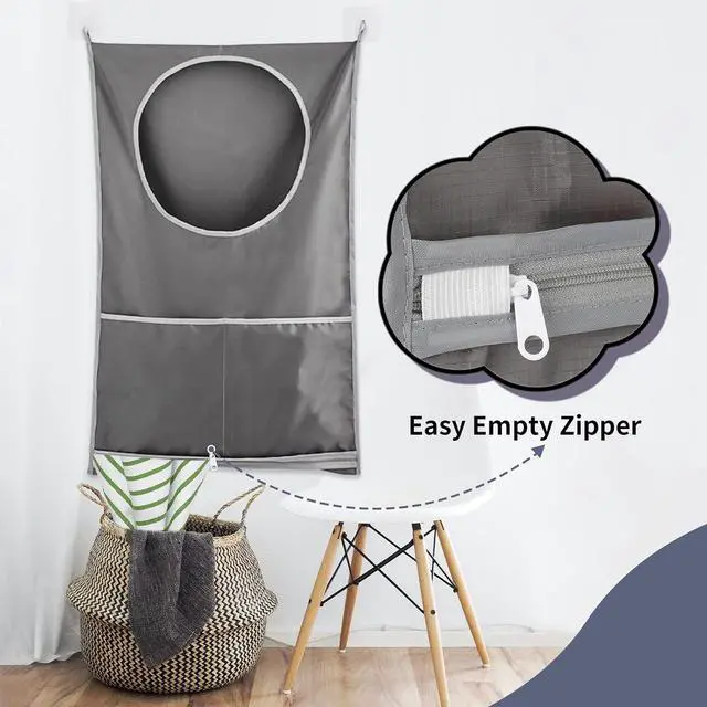 Alt view image 2 of 5 - Hanging Laundry Hamper, Over The Door Laundry Bag, Gray | Laundry Hamper with Zipper Pockets, Foldable, Lightweight, For Rv Camper Apartment College Dorm Room Small Space Organizer