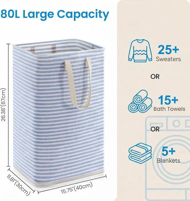 Alt view image 2 of 7 - efluky Slim Laundry Basket, Narrow Laundry Hamper with Handles, Collapsible Dirty Clothes Hamper, Tall Laundry Bin for Laundry Room, Dorm and Bedroom, 80L, Striped Blue