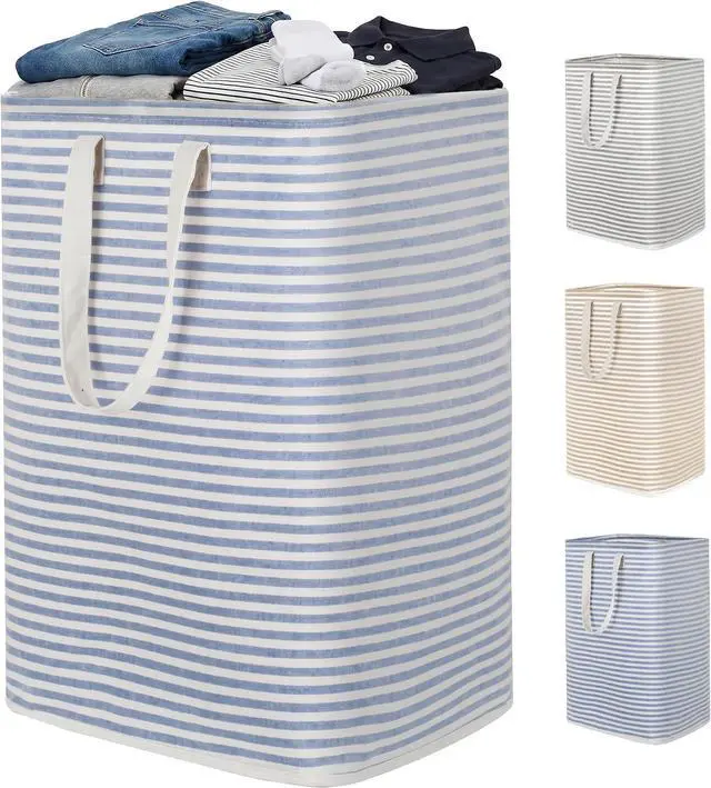 Main image of efluky Slim Laundry Basket, Narrow Laundry Hamper with Handles, Collapsible Dirty Clothes Hamper, Tall Laundry Bin for Laundry Room, Dorm and Bedroom, 80L, Striped Blue