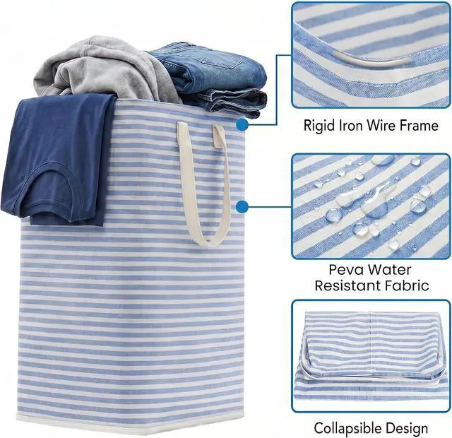 Alt view image 3 of 7 - efluky Slim Laundry Basket, Narrow Laundry Hamper with Handles, Collapsible Dirty Clothes Hamper, Tall Laundry Bin for Laundry Room, Dorm and Bedroom, 80L, Striped Blue