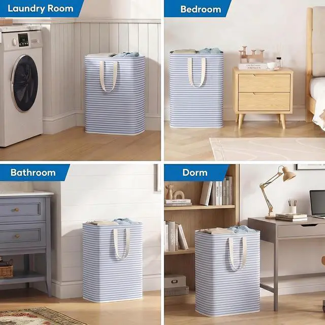Alt view image 7 of 7 - efluky Slim Laundry Basket, Narrow Laundry Hamper with Handles, Collapsible Dirty Clothes Hamper, Tall Laundry Bin for Laundry Room, Dorm and Bedroom, 80L, Striped Blue