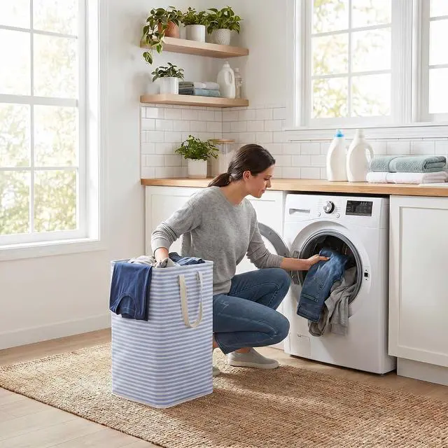 Alt view image 6 of 7 - efluky Slim Laundry Basket, Narrow Laundry Hamper with Handles, Collapsible Dirty Clothes Hamper, Tall Laundry Bin for Laundry Room, Dorm and Bedroom, 80L, Striped Blue