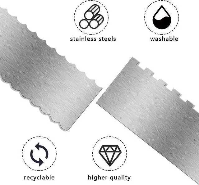 Alt view image 3 of 7 - 2 Piece 9 Inch Stainless Steel Cake Scraper, Cream Cake Scraper Sided Patterned Edge Stripe Edge Smoother Scraper Cake Smoother Frosting Scraper Cake Decorating Comb for Mousse Butter Cream