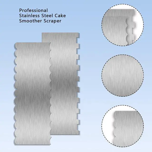 Alt view image 4 of 7 - 2 Piece 9 Inch Stainless Steel Cake Scraper, Cream Cake Scraper Sided Patterned Edge Stripe Edge Smoother Scraper Cake Smoother Frosting Scraper Cake Decorating Comb for Mousse Butter Cream