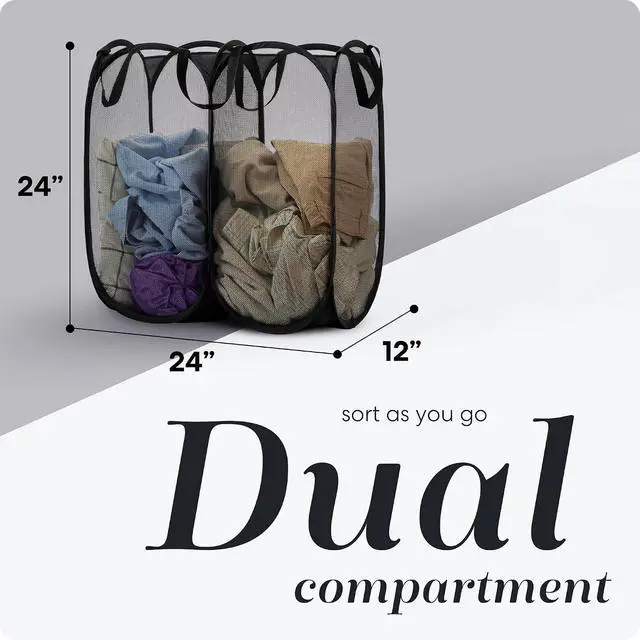 Alt view image 2 of 7 - Handy Laundry Double Pop Up Hamper, 2 Section Mesh Basket, Black | Collapsible Laundry Basket, 44 Gal Foldable Divided Sorter, Reinforced Handles, Dual Compartment for Dorm, Travel, Apartment