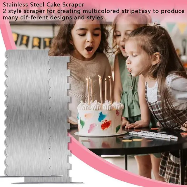 Alt view image 6 of 7 - 2 Piece 9 Inch Stainless Steel Cake Scraper, Cream Cake Scraper Sided Patterned Edge Stripe Edge Smoother Scraper Cake Smoother Frosting Scraper Cake Decorating Comb for Mousse Butter Cream