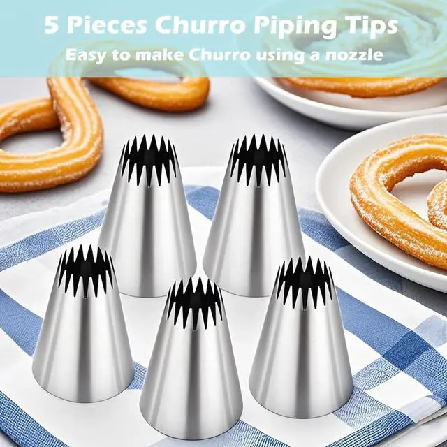 Alt view image 2 of 6 - Hendiy Stainless Steel Churro Piping Tips, 5 Pieces | 9FT Large Piping Tip, Churro Maker Icing Tips, Pastry Tips, For Cake Decorating Frosting