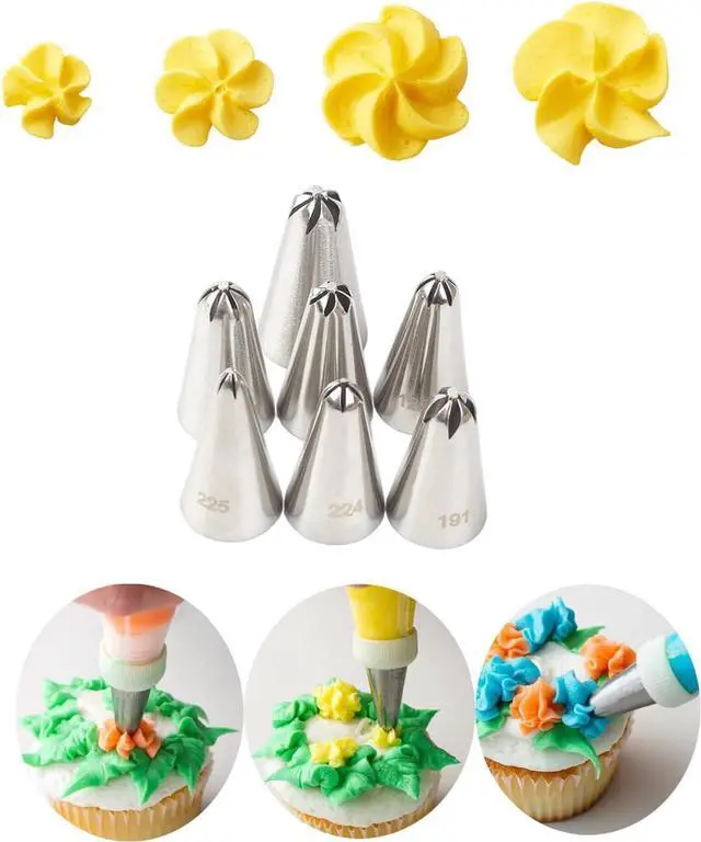 Main image of Drop Flower Piping Tips Set, 224 225 131 129 107 109 191 Flower Tips, 7 Pcs