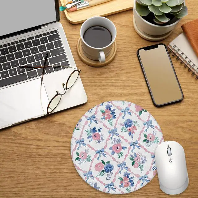 Alt view image 3 of 5 - Coquette Preppy Bow Floral Mouse Pad for Desk, Pink Blue Ribbon Bow Grandmillennial Flower Girly Mousepad for Work Wireless Mouse Computers Laptop Desk Accessories, 7.9x7.9 Inch