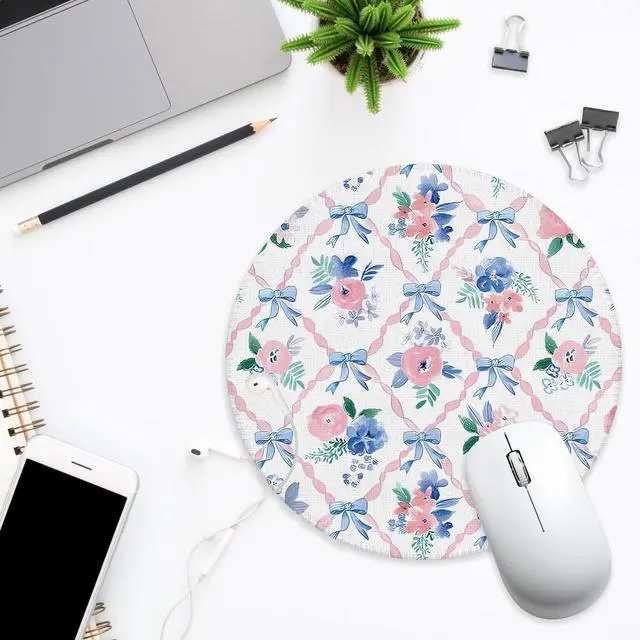 Alt view image 2 of 5 - Coquette Preppy Bow Floral Mouse Pad for Desk, Pink Blue Ribbon Bow Grandmillennial Flower Girly Mousepad for Work Wireless Mouse Computers Laptop Desk Accessories, 7.9x7.9 Inch