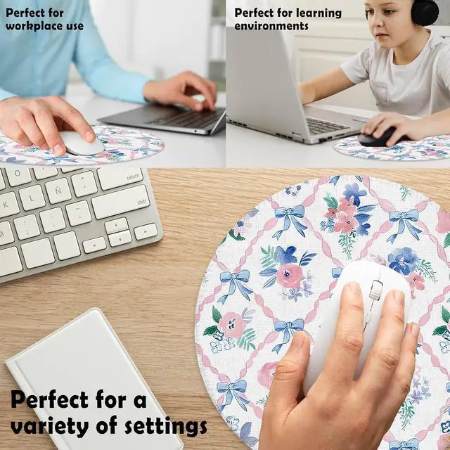 Alt view image 4 of 5 - Coquette Preppy Bow Floral Mouse Pad for Desk, Pink Blue Ribbon Bow Grandmillennial Flower Girly Mousepad for Work Wireless Mouse Computers Laptop Desk Accessories, 7.9x7.9 Inch