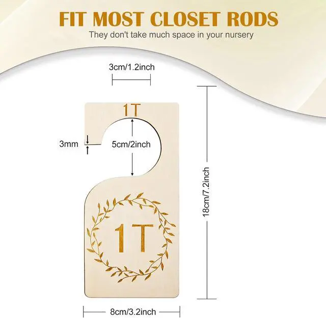 Alt view image 2 of 7 - Patelai 7 Pcs Baby Closet Dividers Wooden Clothes Organizer, Wood | 1T-7T Size Labels, Natural Wood Finish, Farmhouse Wreath Design, Hanging Tags for Toddler Infant Kids, Nursery Storage