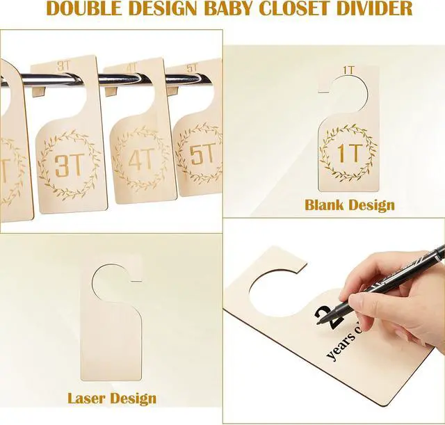 Alt view image 3 of 7 - Patelai 7 Pcs Baby Closet Dividers Wooden Clothes Organizer, Wood | 1T-7T Size Labels, Natural Wood Finish, Farmhouse Wreath Design, Hanging Tags for Toddler Infant Kids, Nursery Storage