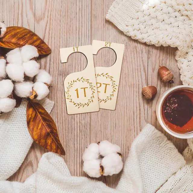 Alt view image 6 of 7 - Patelai 7 Pcs Baby Closet Dividers Wooden Clothes Organizer, Wood | 1T-7T Size Labels, Natural Wood Finish, Farmhouse Wreath Design, Hanging Tags for Toddler Infant Kids, Nursery Storage